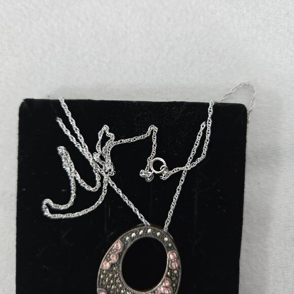 Marcasite & Crystal 17" Necklace Oval Pendant NF 925 Sterling Silver Thailand - Picture 6 of 10